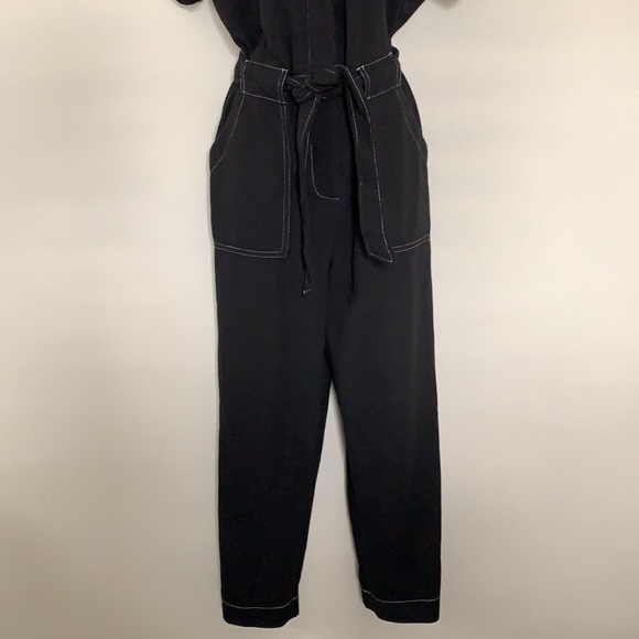 Lush Black Contrast Stitch Button Front Short Sleeve Tie Waist Jumpsuit - Picture 3 of 12